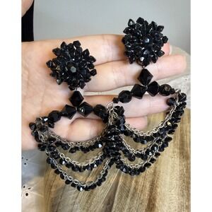 Vintage‎ Black Beaded Chandelier Clip On Earrings Long Fringe Gothic 4.5"